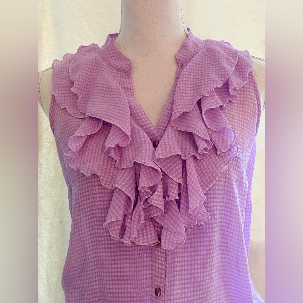 BCX Y2K Women's Lavender Ruffled Gingham Sleeveless Career Office Work Top Small - Picture 6 of 16
